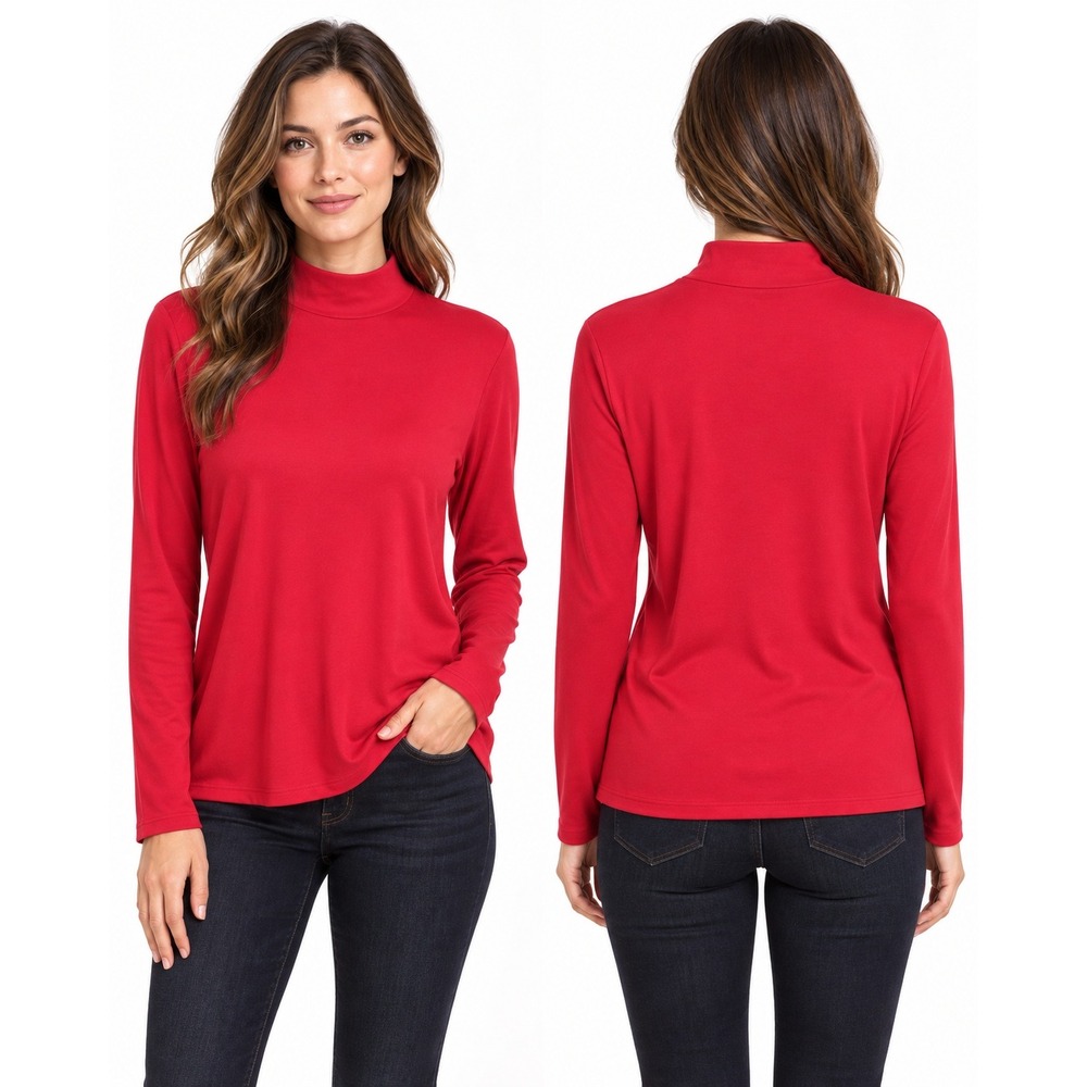 Kim Rogers Red Long Sleeve Mock Neck Top Cotton Size L Essentials NWT